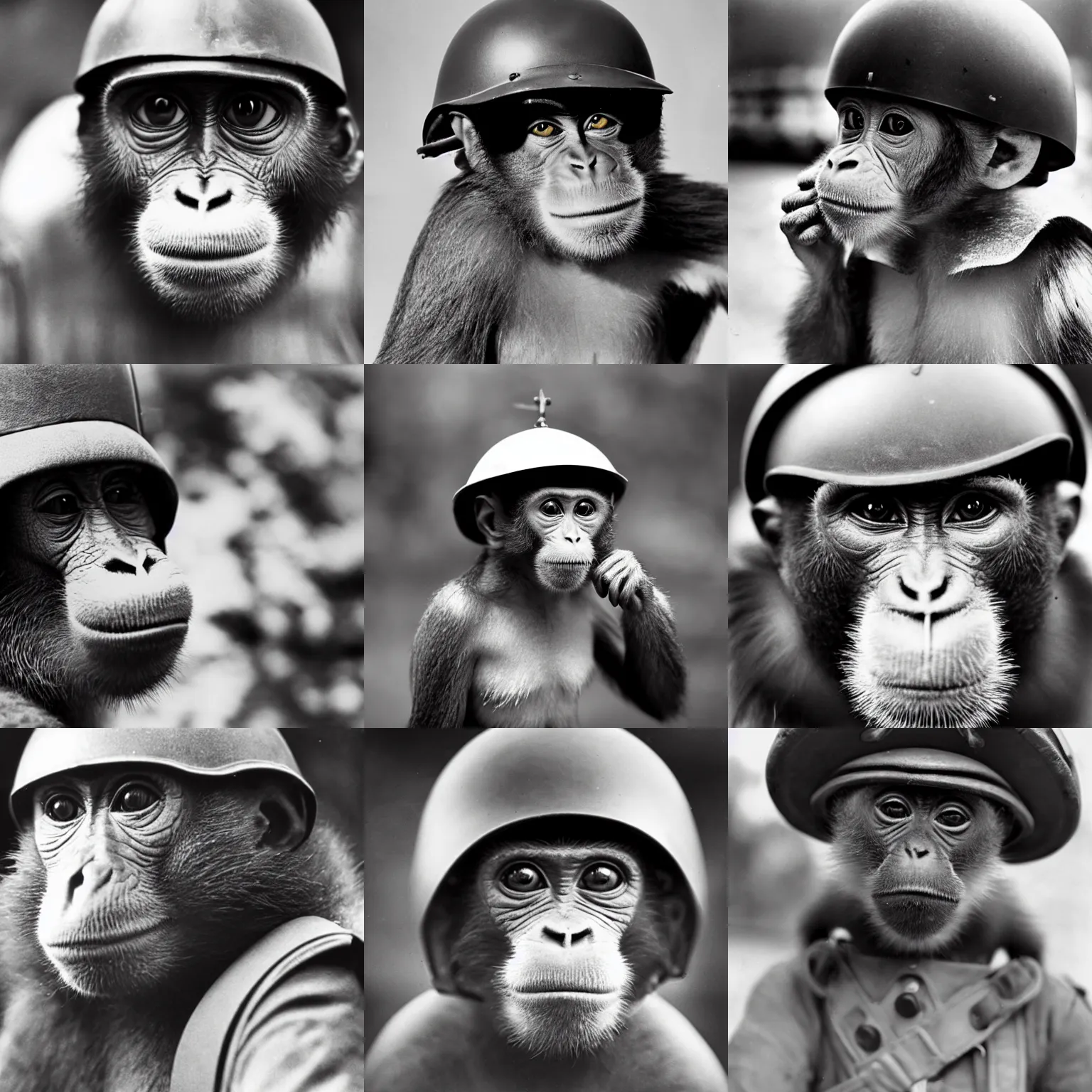 Prompt: Close up of a monkey wearing soldier helmet in the battle, ww2 historical photography, black & white