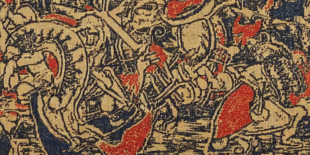 Image similar to Monster Hunter in medieval tapestry, historic