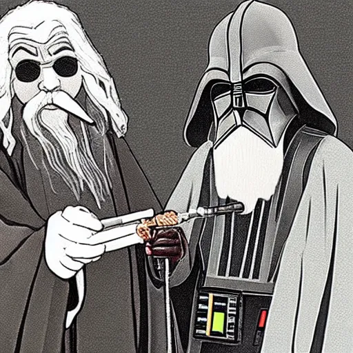 Image similar to gandalf and darth vader smoking a pipe together,