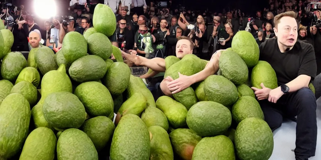 Prompt: elon musk inside of a giant avacado, realistic, cinematic photogtaphy, fruit celebrity, avacado dream, elon musk dresms of sitting inside of avacados, avacado chairs, avacado halloween costumes, in a boxing ring, photography