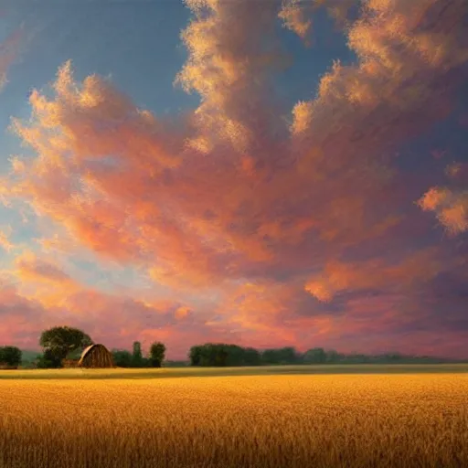 Image similar to a beautiful wheat field with a barn, with beautiful large fluffy pink clouds illuminated by the sun, in the style of craig mullins