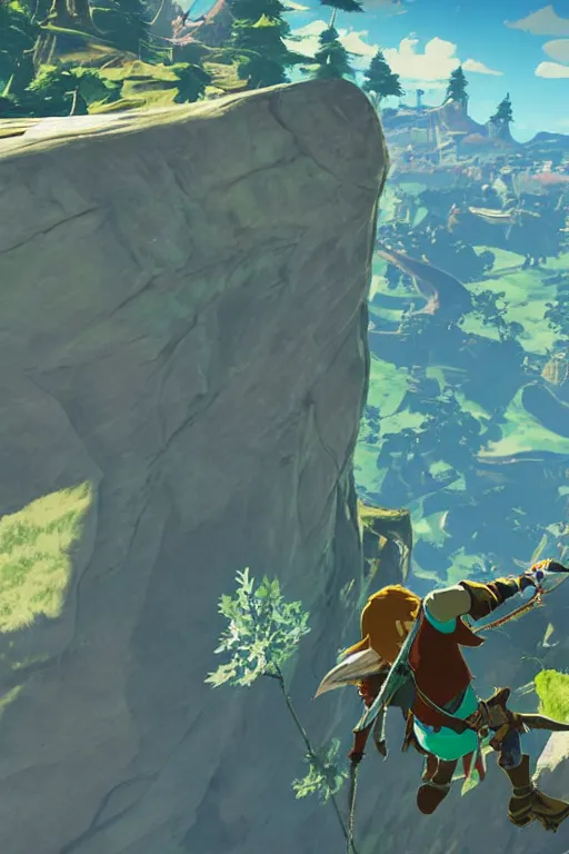 Image similar to in game footage of link from the legend of zelda breath of the wild climbing using magnesis, breath of the wild art style.