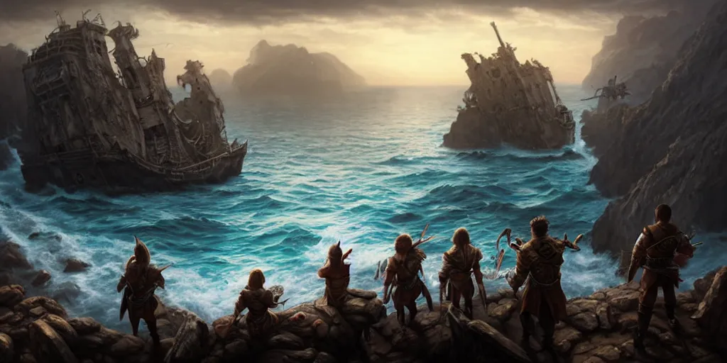 Image similar to D&D adventuring party facing away on cliff overlooking realistic shipwreck, naval background, portrait, magic the gathering artwork, D&D, fantasy, cinematic lighting, centered, symmetrical, highly detailed, digital painting, artstation, concept art, smooth, sharp focus, illustration, volumetric lighting, epic Composition, 8k, art by Akihiko Yoshida and Greg Rutkowski and Craig Mullins, oil painting, cgsociety