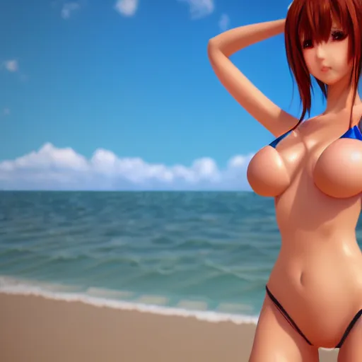 Prompt: Beautiful anime babe wearing a bikini at the beach, Highly Detailed, Photorealism, HD quality, 8k resolution, cinema 4d, 3D, unreal engine 5, high quality, beautiful, cinematic