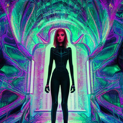 Image similar to long Shot of psychedelic Black widow standing in mysterious chromatic astral temple , stylish, lsd, soft, cinematic, artwork by WLOP