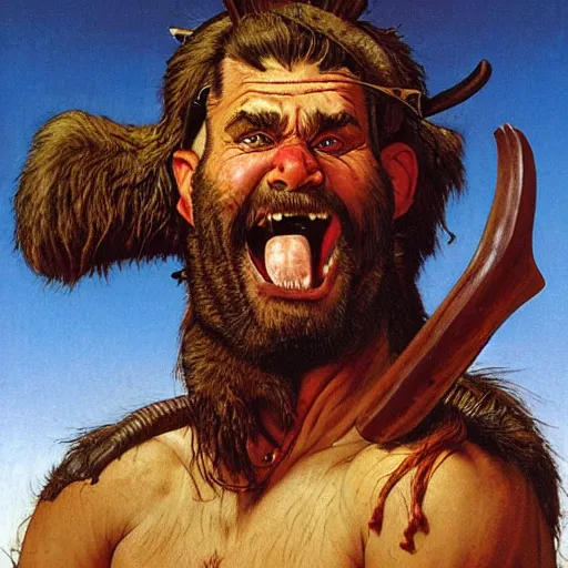 Prompt: hairy barbarian with moose head by tim hildebrandt and norman rockwell