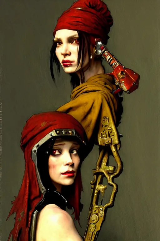 Image similar to full character portrait max mad cyberpunk warhammer 4 0 k, tech priest not the girl with the pearl earring character design, painting by gaston bussiere, katsuya terada, wyeth, craig mullins, hiroshi yoshida, ( ( ( ( ( vermeer ) ) ) ) ), frank frazetta, mucha, tom of finland, trending on artstation