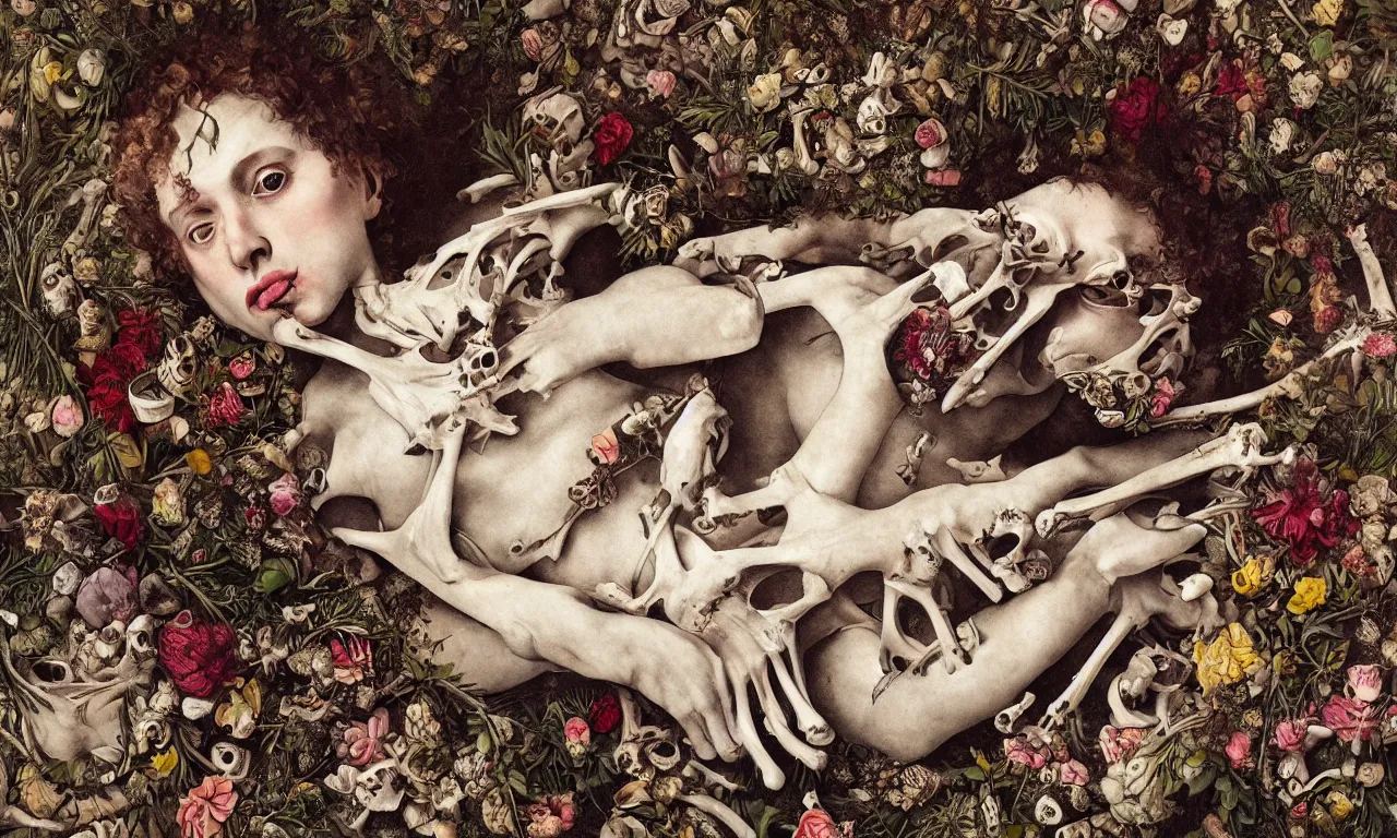 Image similar to man with large eyes and lips laying in bed of bones of flowers, feeling an existential dread of love, HD Mixed media, highly detailed and intricate, surreal illustration in the style of Caravaggio, baroque dark art