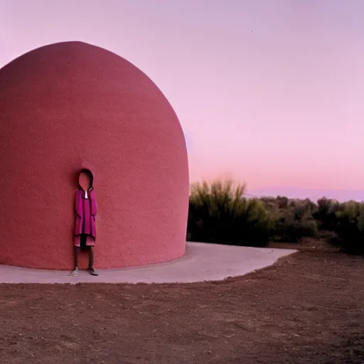 Prompt: a man wearing a pink hoodie sitting outside a Non-Euclidean orb-like clay house sitting in the desert, vintage photo, beautiful cinematography, blue sky, film grain, James Turrell