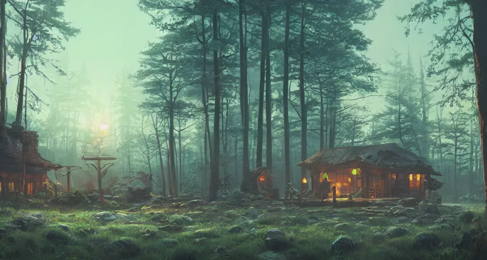 Image similar to A quiet tavern in the middle of a forgotten magical forest, rendered by simon stålenhag, rendered by Beeple, Makoto Shinkai, syd meade, environment concept, digital art, starwars, Gundam Style, unreal engine, 3 point perspective, WLOP, trending on artstation, low level, 4K UHD image, octane render,