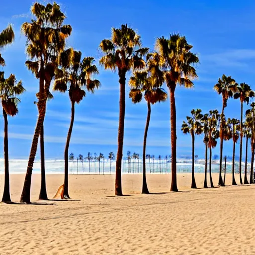 Image similar to a line of palm trees on a santa monica beach, line of palm trees recedes into distance, line of palm trees floats upright into blue sky, california