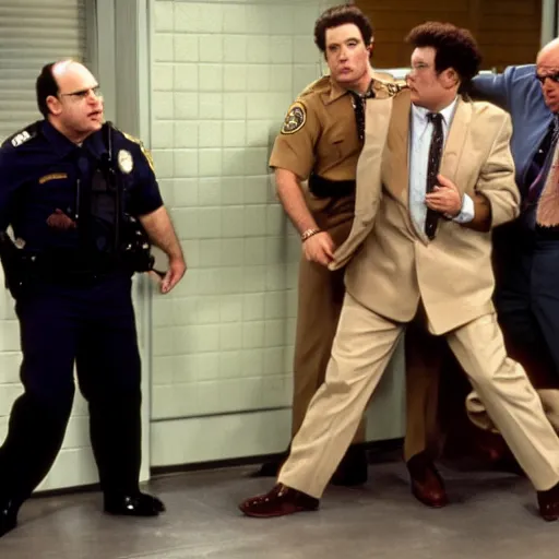 Image similar to 8k photo George Costanza being arrested by Kramer on an episode of Seinfeld,