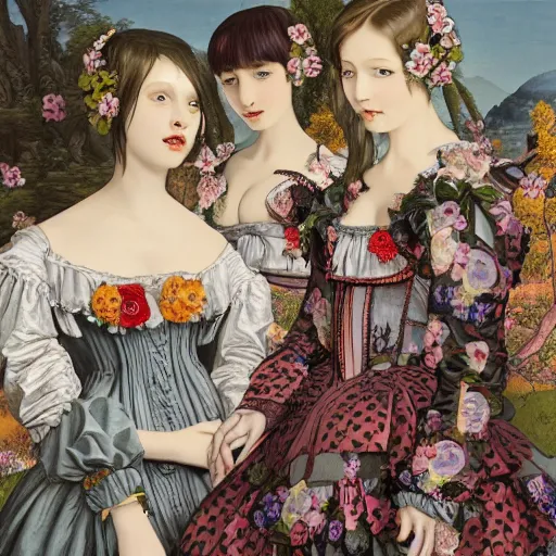 Image similar to 8k, realism, renaissance, baroque, group of creepy young ladies wearing renaissance long harajuku manga dress with flowers and skulls, background chaotic flowers