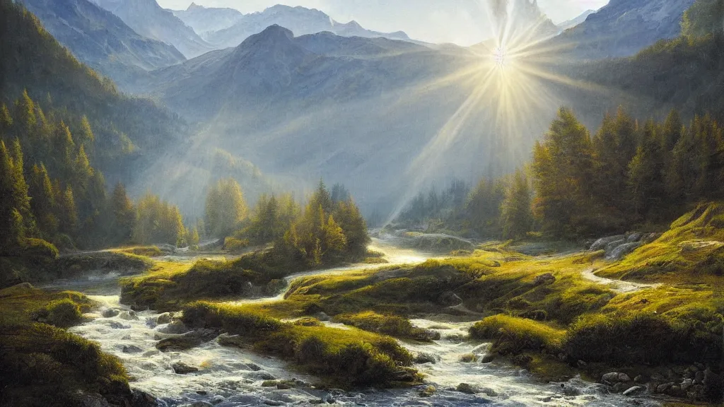 Prompt: High-Quality realist painting of a river crossing a valley in the Alps at dawn, long shadows, beams of sunlight, peaceful, very detailed, digital art.