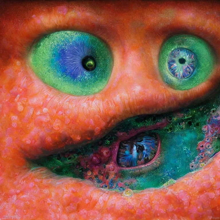 Image similar to Hyperrealistic intensely colored close up studio Photograph portrait of a deep sea bioluminescent Zendaya, symmetrical face realistic proportions eye contact golden eyes, Smiling in a coral reef underwater, award-winning portrait oil painting by Norman Rockwell and Zdzisław Beksiński vivid colors high contrast hyperrealism 8k