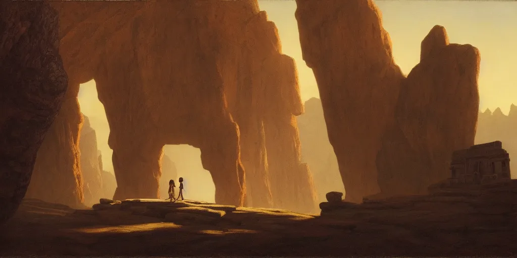 Prompt: a young girl stands next to a rock giant, shadow of the colossus, in front of a temple, in a large desert cave, dramatic lighting, hudson river school