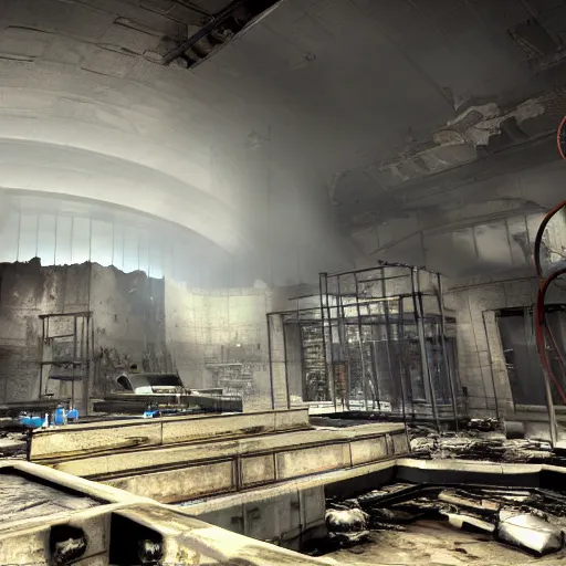 Image similar to a destroyed and burning research facility, black mesa, half - life, modern, lasers, pipes, scientists, photo realistic