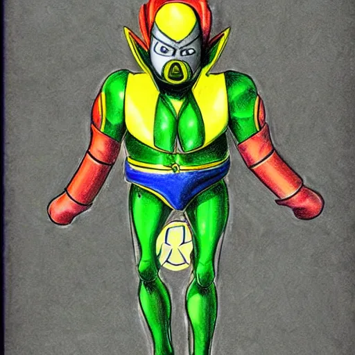 Prompt: a Karl Nicholason drawing of Jet Jaguar fused with Tingle