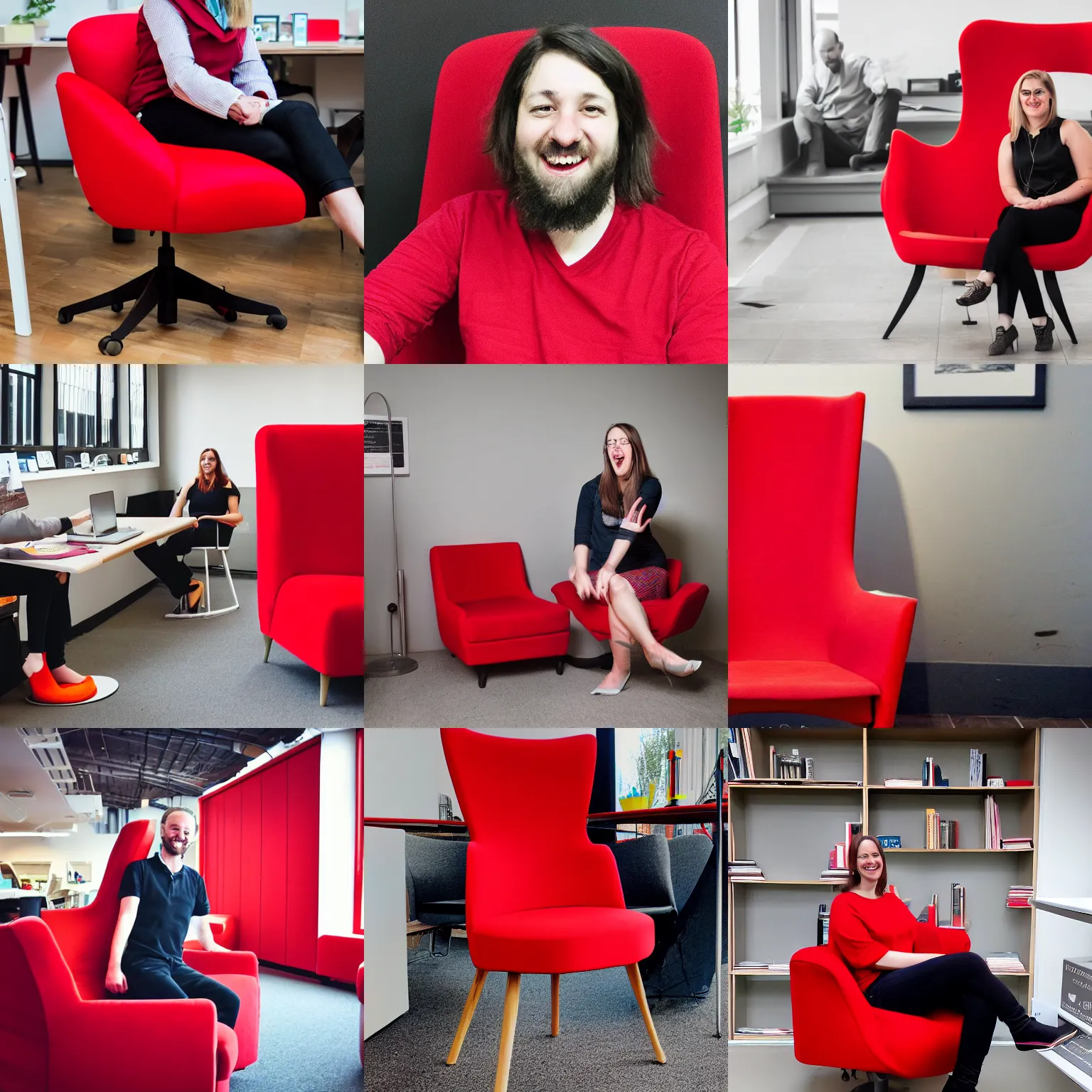 Prompt: ux designer birmingham leading user - centred design team and having lots of fun in a red chair