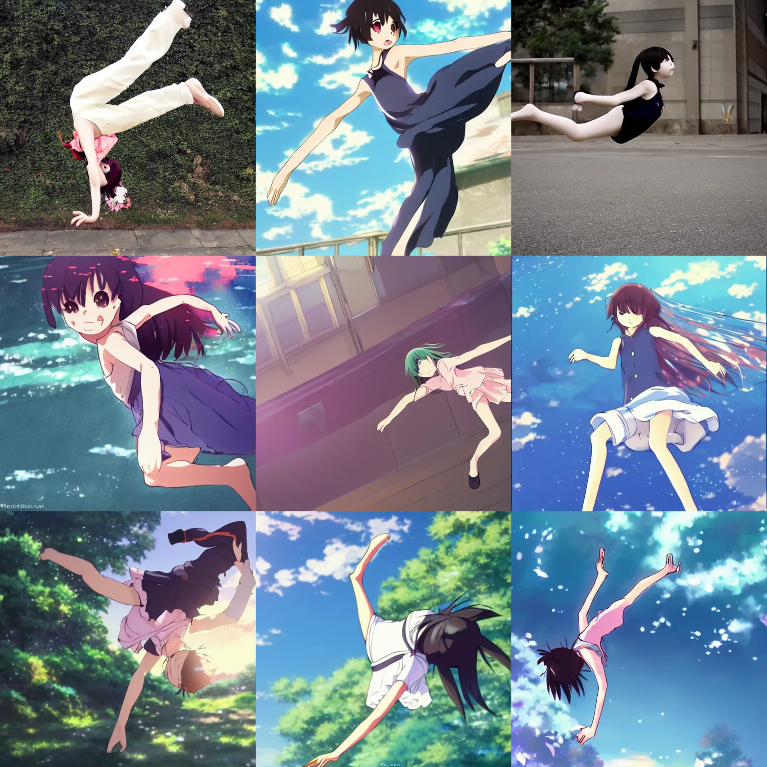 Prompt: anime girl cartwheeling in style of makoto shinkai and hidari and wlop