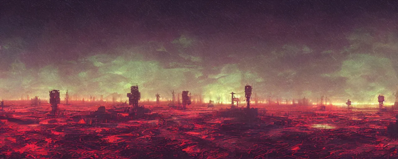 Image similar to ” otherwordly depressing landscape radioactive desolate wasteland at night, [ cinematic, detailed, epic, widescreen, opening, establishing, mattepainting, photorealistic, realistic textures, octane render, art by paul lehr ] ”