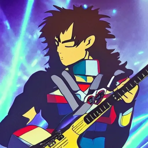 Prompt: “voltron playing guitar at a Def Leppard concert, low angle photo with gleaming lights and sparks”