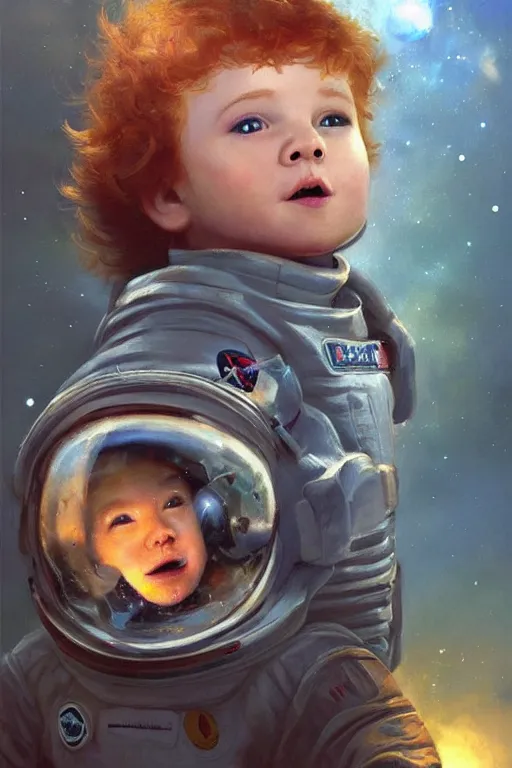 Prompt: a little boy with a cherubic michievous face and ginger hair floating in space, surrounded by stars. he is an astronaut, wearing a space suit. clean elegant painting, beautiful detailed face. by raymond swanland and artgerm and greg rutkowski