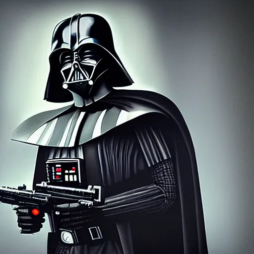 Image similar to hyperrealistic portrait of gothic cyberpunk darth vader holding a machine gun, 4 k, highly detailed, beautifully rendered