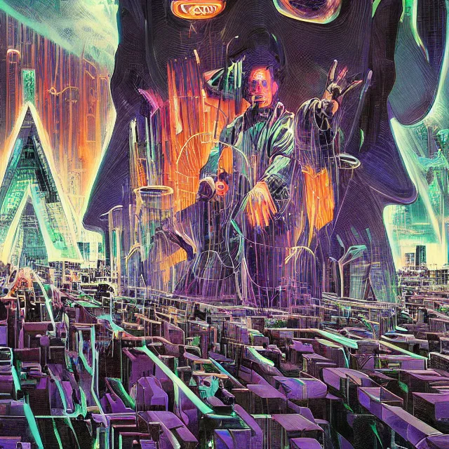 Image similar to a malevolent digital intelligence, portrait of a digital consciousness, glowing digital runes, panicked scientists in the background, brutalism, futurism, rhads!!!, james gurney, ( art fitzpatrick ), ( asaf hanuka ), ( ( barclay shaw ) ), ominous, saturday morning cartoon, clean linework, western animation