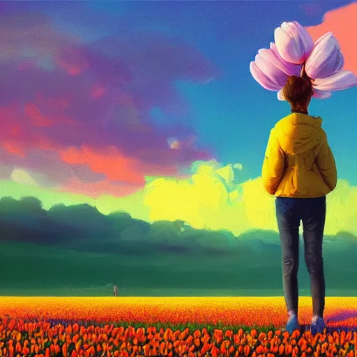 Image similar to girl with a giant tulip head, surreal photography, flower field, sunset dramatic light, impressionist painting, colorful clouds, blue sky, digital painting, artstation, simon stalenhag