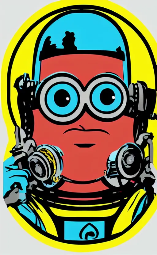 Image similar to individual minion portrait fallout 7 6 retro futurist illustration art by butcher billy, sticker, colorful, illustration, highly detailed, simple, smooth and clean vector curves, no jagged lines, vector art, smooth andy warhol style