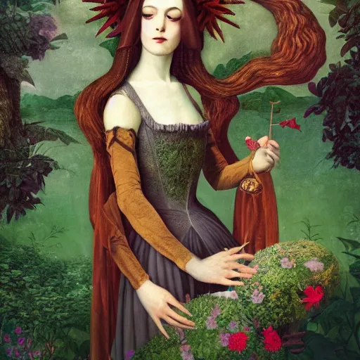 Image similar to a detailed portrait of young woman in renaissance dress and a surreal renaissance headdress, very surreal garden, cyberpunk, surreal tea party, strange creatures, by christian schloe and botticelli, naotto hattori, amy sol, roger dean, moody colors