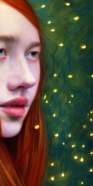 Image similar to an amazed young woman surrounded by golden firefly lights in a mesmerizing scene, sitting amidst nature fully covered, long loose red hair, precise linework, accurate green eyes, small nose with freckles, smooth oval shape face, empathic, bright smile, expressive emotions, hyper realistic portrait by artemisia gentileschi, jessica rossier, boris vallejo