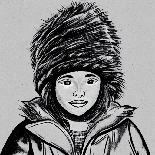 Prompt: a black and white ink drawing close up of the head of a ten year old girl in winter jacket and a fur hat, comic book character