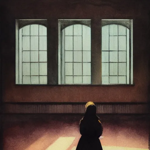 Image similar to close up of a girl in a soviet liminal abandoned building, watercolor by victo ngai, by hammershøi, art noveau, highly detailed, lights by edward hopper, liminal, eerie, bright pastel colors