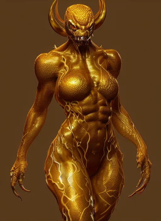 Image similar to female gold venom, naturel, hyper detailed, digital art, trending in artstation, cinematic lighting, studio quality, smooth render, unreal engine 5 rendered, octane rendered, art style by klimt and nixeu and ian sprigger and wlop and krenz cushart