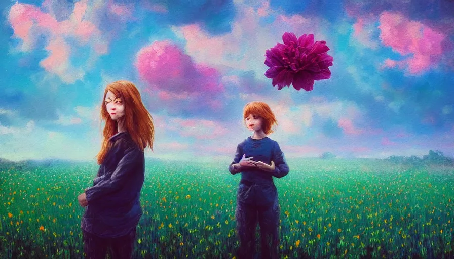 Image similar to girl with a giagantic flower as a face, surreal photography, dream, standing in flower field, hills, big trees, sunrise dramatic light, impressionist painting, colorful clouds, digital painting, pointillism, artstation, simon stalenhag, flower face