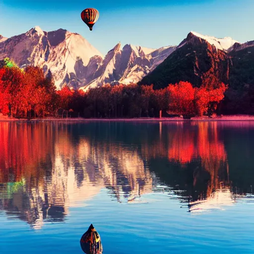 Image similar to photo of two black swans touching heads in a beautiful reflective mountain lake, a colorful hot air balloon is flying above reflecting off water, hot air balloon, intricate, 8k highly professionally detailed, centered, HDR, CGsociety