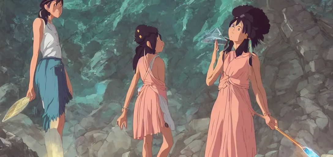 Image similar to Full body portrait of a Himalayan woman in a sleeveless dress, casting a spell on a giant crystal in a cave, detailed, artstation, by Kyoto Animation and Studio Ghibli, by Makoto Shinkai and Ilya Kuvshinov