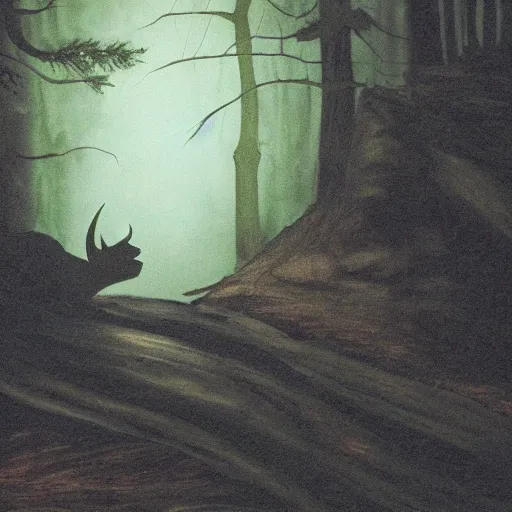 Prompt: the new jersey devil emerging from a cave in the woods at night