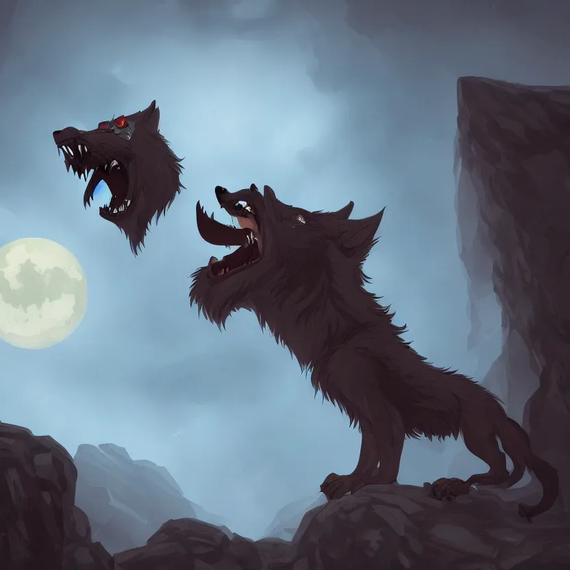 Prompt: a cartoony werewolf howling in a cliff at night, scary, eerie, artstation, digital art,
