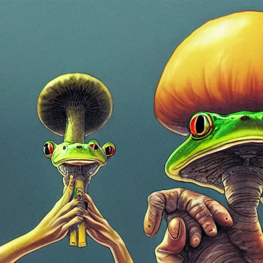 Image similar to A centered chest up portrait of a psychedelic godlike anthropomorphic frog smoking a hand-rolled cigarette , magic mushroom village in background . award winning. superb resolution. in the art style of junji Ito and greg rutkowski . Detailed Mushroom city in background. Hyper realistic anime. Perfect art. Dalle2