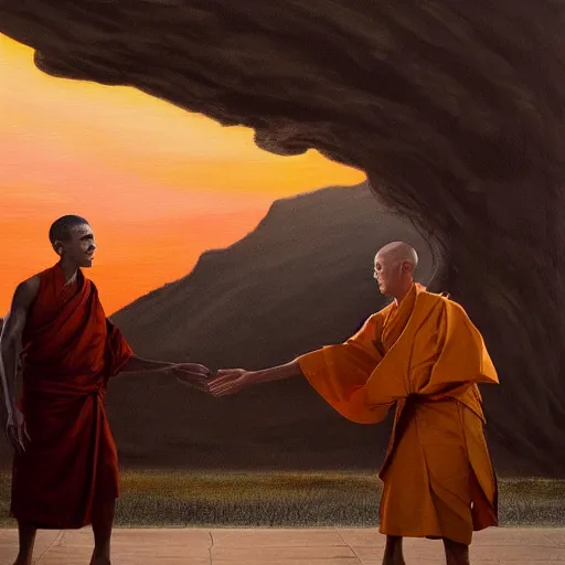 Prompt: barack obama engaged in hand to hand combat with a buddhist master, dramatic lighting at sunset atop a temple, painting