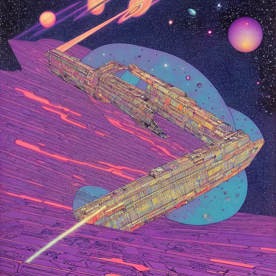 Prompt: ( ( ( ( a huge ship moving through a dimensional gap at the end of the galaxy. ) ) ) ) by mœbius!!!!!!!!!!!!!!!!!!!!!!!!!!!, overdetailed art, colorful, artistic record jacket design