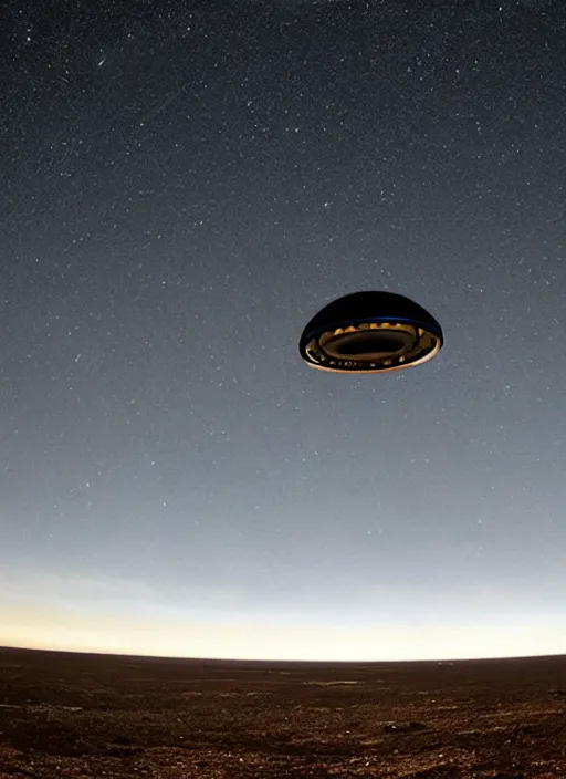 Prompt: standing on earth, looking out into the vastness of space, giant ufo in the sky