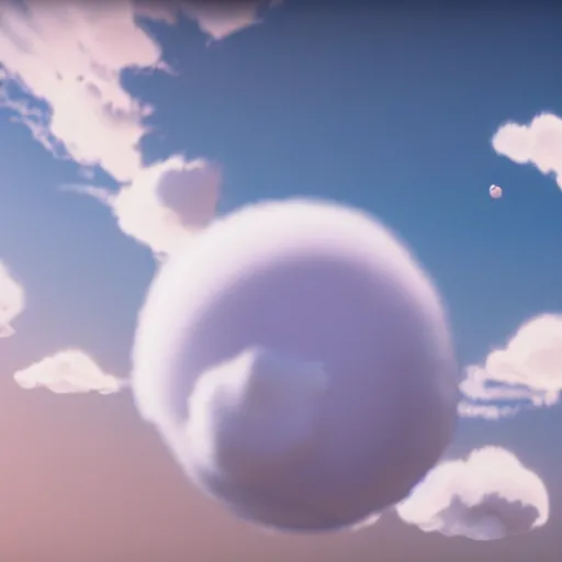 Image similar to an ultra photorealistic and sharp film still of a round ball made of white clouds in the sky. wide shot, wes anderson, studio ghibli, pixar and disney animation, octane render, dramatic lighting, award winning photography