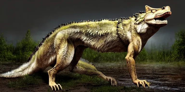 Prompt: chimera made of a wolf and a crocodile, photo of wolf, photo of crocodile, awarded on pixiv, ultra realism, fantasy, trending on deviantart, realistic wood swamp, professional photoshop artwork