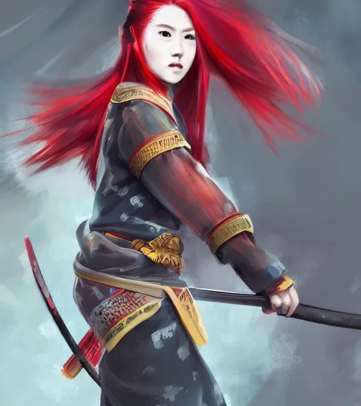 Image similar to a girl with red hair holding a katana, samurai outfit, japanese clothes, ponytail, action shot, highly detailed, digital painting, artstation, concept art, smooth, sharp focus, kunoichi, illustration