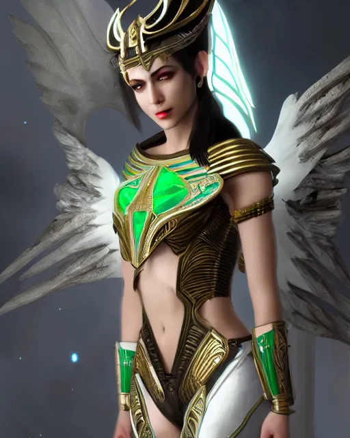 Prompt: attractive egyptian queen wearing white dove wings, warframe armor, regal, attractive, ornate, sultry, elize theron, pretty face, green eyes, scifi platform, 4 k, ultra realistic, epic lighting, illuminated, cinematic, black gold, art by akihito tsukushi, voidstar