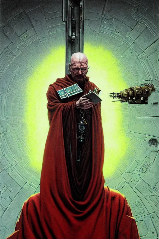 Image similar to painting of walter white as a cloaked tech priest holding a book, adeptus mechanicus!, cybernetic enhancements attached to his body, praise the omnissaiah, zdzislaw beksinski, lewis jones, mattias adolfsson, warhammer 4 0 k!!, cold hue's, warm tone gradient background, concept art, digital painting